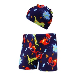 Set pantaloni de baie pentru baieti cu casca asortata, tematica lumea acvatica, model dinozauri prietenosi, albastru inchis