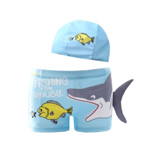 Set pantaloni de baie pentru baieti cu casca asortata, tematica lumea animalelor vesele, model rechin prietenos, albastru deschis