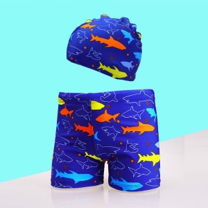 Set pantaloni de baie pentru baieti cu casca asortata, tematica lumea acvatica, model rechini jucausi, albastru cu portocaliu - Img 2