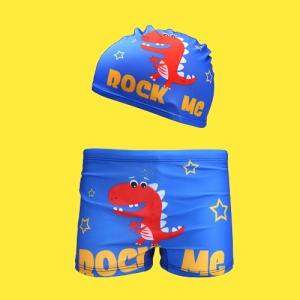 Set pantaloni de baie pentru baieti cu casca asortata, tematica lumea dinozaurilor acvatici, model rock me, albastru inchis - Img 2