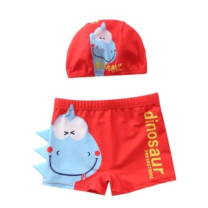 Set pantaloni de baie pentru baieti cu casca asortata, tematica lumea dinozaurilor acvatici, model reptila dino poznas, rosu - Img 3