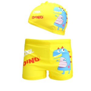 Set pantaloni de baie pentru baieti cu casca asortata, tematica petrecere pe plaja, model dino cool vesel, galben deschis