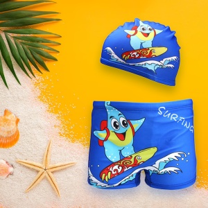 Set pantaloni de baie pentru baieti cu casca asortata, tematica petrecere de vara, model surfing cu steluta de mare, albastru - Img 2