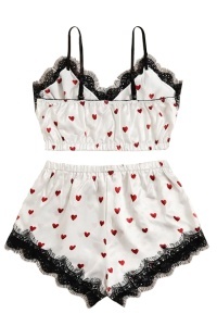 Set pijama, haine de stat in casa sexy, 2 piese, cu dantela, bustiera si chilot alb cu inimioare rosii, marimea XXL - Img 2