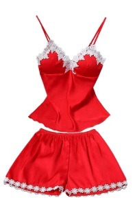 Set pijama, haine de stat in casa sexy, 2 piese, din satin, maieu si chilot tip pantalon scurt Rosu