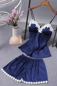 Set pijama, haine de stat in casa sexy, 2 piese, din satin, maieu si chilot tip pantalon scurt Albastru - Img 3