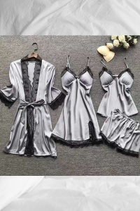Set pijama, haine de stat in casa sexy, 4 piese, satin si dantela, halat, rochie, bluza si pantalon scurt gri - Img 2