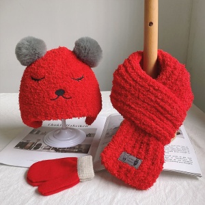 Set trei piese, caciula pentru copii, model pom pom cu ochisori si nasuc, fular moale si manusi calduroase, tematica ready for snow, 1 – 4 ani, rosie - Img 2