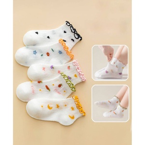 Sosete copii, set 5 perechi, model cute cu imprimeu haios, margine ondulata de contrast, tematica lovely happy feet- 2 ani, alb cu multicolor - Img 2
