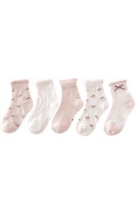 Sosete copii, set 5 perechi, model dragalas confortabil, accesoriu fundita si print cu floricele, tematica happy baby– 3 ani, alb cu roz