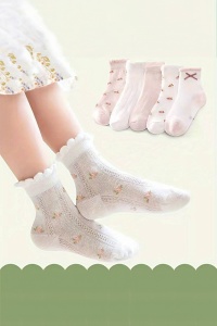 Sosete copii, set 5 perechi, model dragalas confortabil, accesoriu fundita si print cu floricele, tematica happy baby– 3 ani, alb cu roz - Img 3