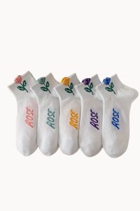 Sosete dama, set 5 perechi, model cu floare peste glezna, tematica perfect rose, marimea 36 - 42, alb cu multicolor