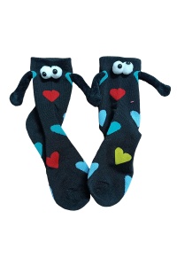 Sosete haioase, model vesel accesorizat cu manute cu magnet si ochisori, imprimeu cu inimioare, tematica crazy couple love, unisex, marime 36-42, multicolore cu negru