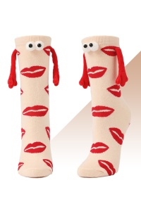 Sosete haioase, model vesel accesorizat cu manute cu magnet si ochisori, imprimeu buze senzuale, tematica let's be friends, unisex, marime 36-42, bej - Img 3