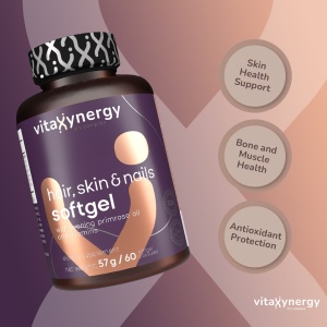 VITAXYNERGY Hair Skin & Nails – Supliment pentru Par Sanatos, Piele Stralucitoare si Unghii Puternice – Cu Biotina, Zinc, Vitamine A, B, C, D, E si Uleiuri Naturale – 60 Softgels, Certificat GMP, Aprobat de Ministerul Sanatatii Certificat FDA, GMP, Halal - Img 2