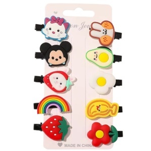 Accesorii de par tip agrafe, set 10 bucati, accesorizate cu personaje haioase, model vesel si versatil, tematica puterea culorilor, rosu multicolor