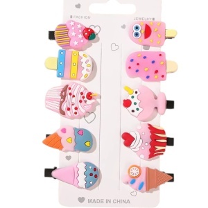 Accesorii de par tip agrafe, set 10 bucati, accesorizate cu personaje haioase, model vesel si versatil, tematica puterea culorilor, roz deschis multicolor