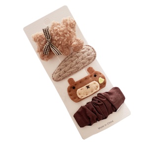 Accesorii de par, tip clema, set 4 piese, ursulet, maro