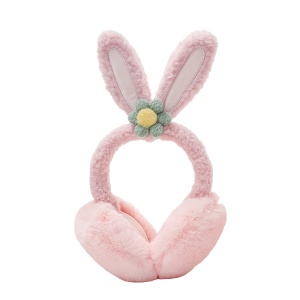 Acoperitori pentru urechi, protectie impotriva frigului, model casti dama cu urechiuse de iepuras si fundita, tematica flower bunny, marime universala, roz deschis
