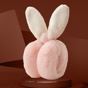 Acoperitori pentru urechi, protectie impotriva frigului, model casti pufoase cu urechi lungi de iepuras, pliabile, tematica happy bunny, marime universala, roz deschis - Img 2