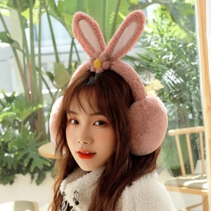 Acoperitori pentru urechi, protectie impotriva frigului, model casti dama cu urechiuse de iepuras si fundita, tematica flower bunny, marime universala, roz inchis - Img 2