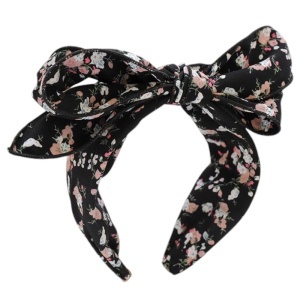 Bentita de par, model cu funda voluminoasa, imprimeu floral, tematica I love flowers, marime universala, neagra