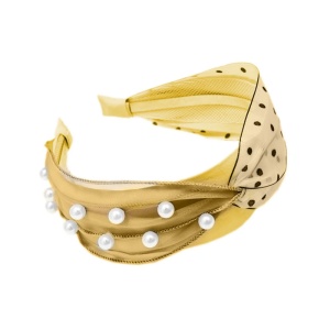 Bentita pentru par cu nod, model delicat si pretios, imprimeu cu buline si accesorii perlute, marime universala, galbena