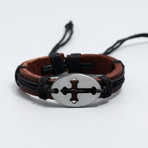 Bratara cu cruce, model retro, reglabila, unisex, neagra, - Img 2
