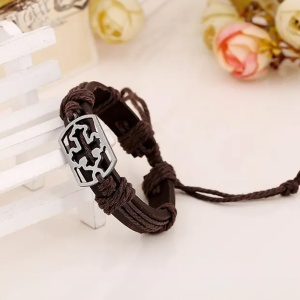 Bratara cu cruce si scut, model retro old cross, reglabila, unisex, maro, - Img 4