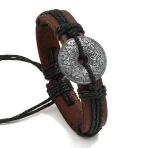 Bratara cu rune si amuleta vikinga, model nordic, reglabila, unisex, neagra,