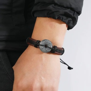 Bratara cu rune si amuleta vikinga, model nordic, reglabila, unisex, neagra, - Img 4