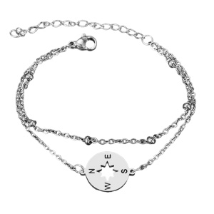 Bratara dama, dublata, model busola, pandantiv rotund cu puncte cardinale, cu accesorii bilute, argintie