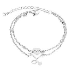 Bratara dama, dublata, model doctor heart, pandantiv inima cu stetoscop, cu accesorii bilute, reglabila, argintie