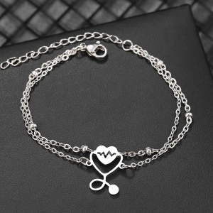 Bratara dama, dublata, model doctor heart, pandantiv inima cu stetoscop, cu accesorii bilute, reglabila, argintie - Img 2