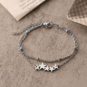 Bratara dama, model dublat cu accesorii bilute, tematica night sky, pandantiv fantezie de stelute, reglabila, argintie - Img 4