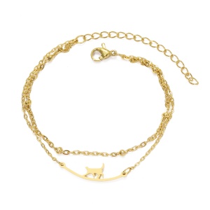 Bratara dama, model dublat cu accesorii bilute, tematica wondering cat, pandantiv pisica plimbareata, reglabila, aurie