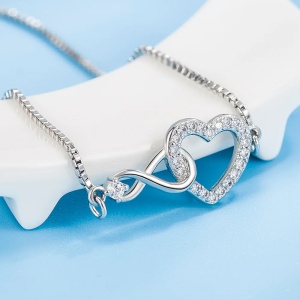 Bratara dama, tip tennis minimalist, model romantic elegant, accesorii inimioara cu semnul infinitului, tematica eternal love, argintie - Img 3