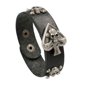 Bratara de piele ecologica, model gambler accesorizat cu capete de schelet, tematica lucky hand, unisex, neagra,