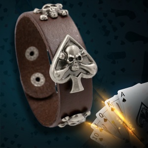 Bratara de piele ecologica, model gambler accesorizat cu capete de schelet, tematica lucky hand, unisex, maro, - Img 2