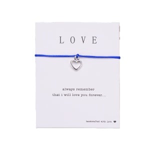 Bratara love pandantiv inima argintiu, realizate manual, sfoara albastra, reglabila, unisex