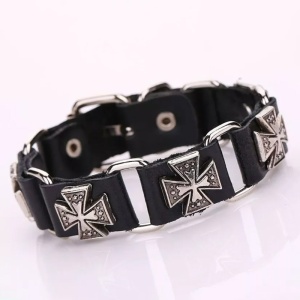 Bratara retro punk, model cu cruci multiple, tematica religioasa, reglabila, unisex, neagra, - Img 2