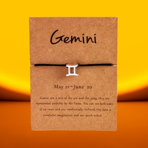 Bratara semn zodiac gemeni argintiu, creata manual, neagra, unisex - Img 2