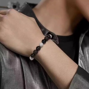 Bratara unisex, model fashion cu pietre multiple, tematica eccentric style, reglabila, negru cu gri, - Img 2