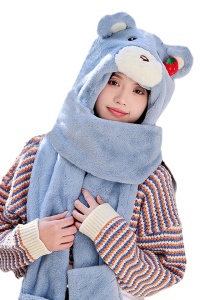 Caciula dama, model cap de ursulet voluminos, prelugire tip fular calduros cu loc special pentru maini tip manusi, tematica happy bear, marime universala, albastru - Img 2