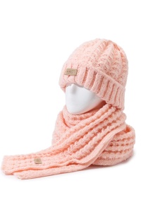 Caciula dama, set doua piese, model clasic minimalist, fular tip esarfa asortat, tematica warm and cozy winter, marime universala, roz - Img 4