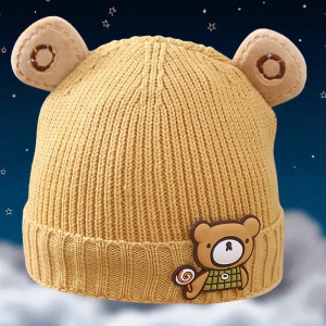 Caciula pentru copii, accesorizata cu urechiuse de ursulet, model minimalist, captuseala delicata, tematica little bear, 3 luni – 3 ani, galbena - Img 4