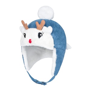 Caciula pentru copii, calduroasa, model cu fata vesela, cu ochisori, nasuc si urechi de caprioara, prindere in doua moduri cu capse, tematica I’m a happy deer, 1 – 5 ani, albastra