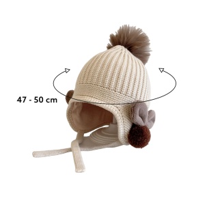Caciula pentru copii, model cu pom pom si prindere reglabila sub barbie, accesorizata cu iepurasi la urechi, tematica little bunny in the winter, 1 – 3 ani, bej - Img 4