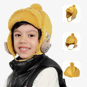 Caciula pentru copii, model cu urechi si prindere cu scai sub barbie, accesorizata cu ursulet, tematica I love winter, 2 – 6 ani, galbena - Img 2