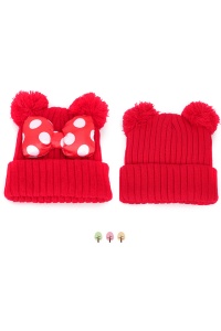 Caciula pentru copii, model cu urechiuse pom pom si funda chic, marime universala, rosie - Img 4